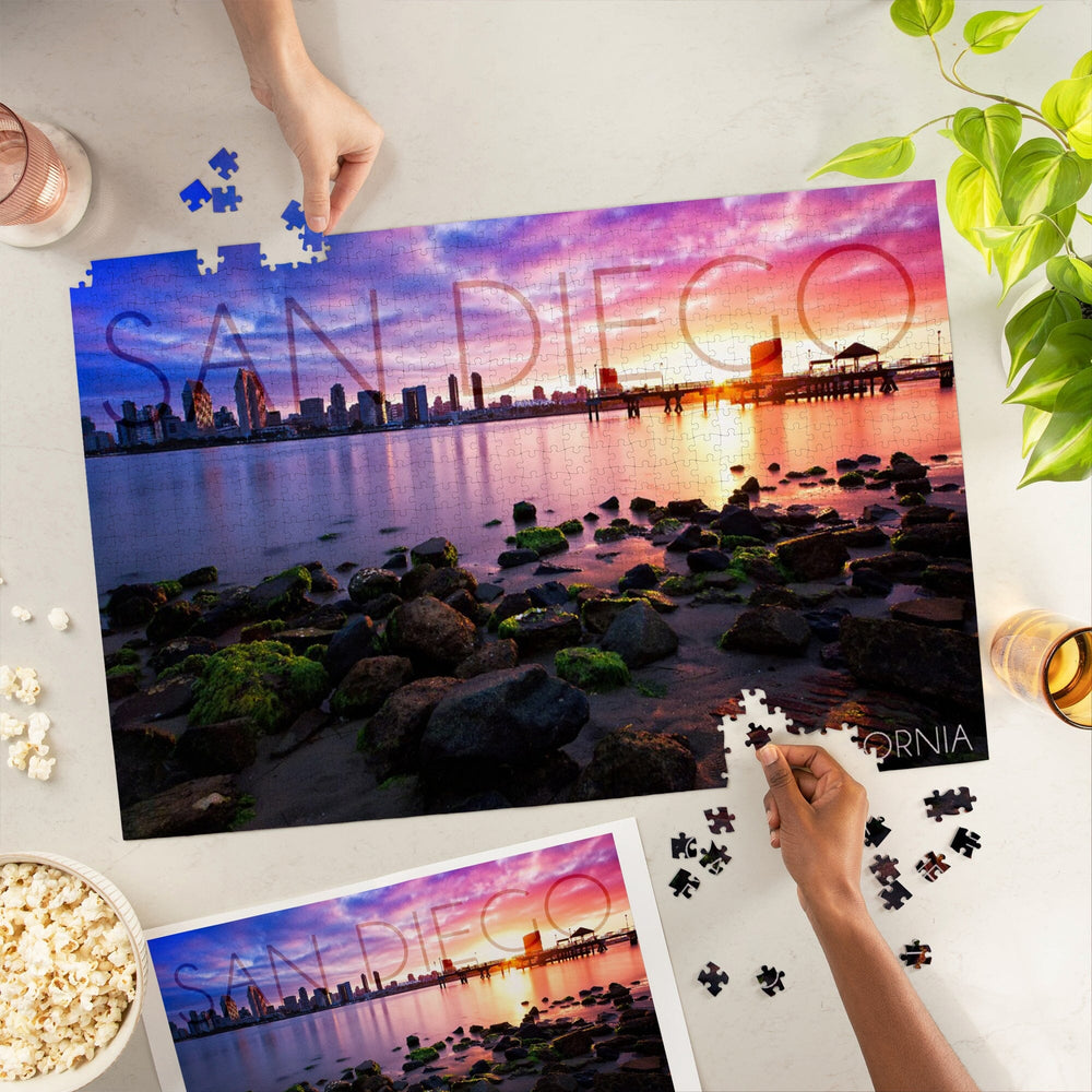 San Diego, California, Ocean and Skyline at Sunset, Jigsaw Puzzle Puzzle Lantern Press 