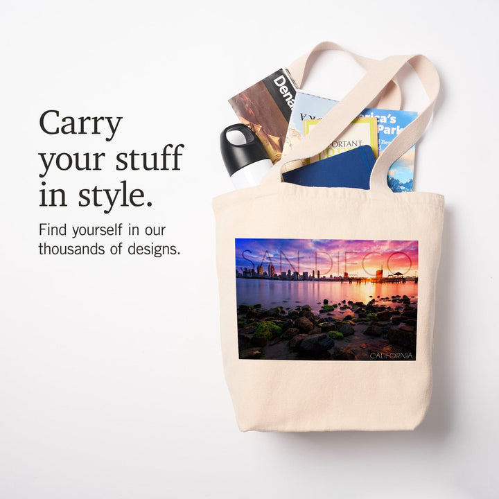 San Diego, California, Ocean and Skyline at Sunset, Tote Bag Totes Lantern Press 
