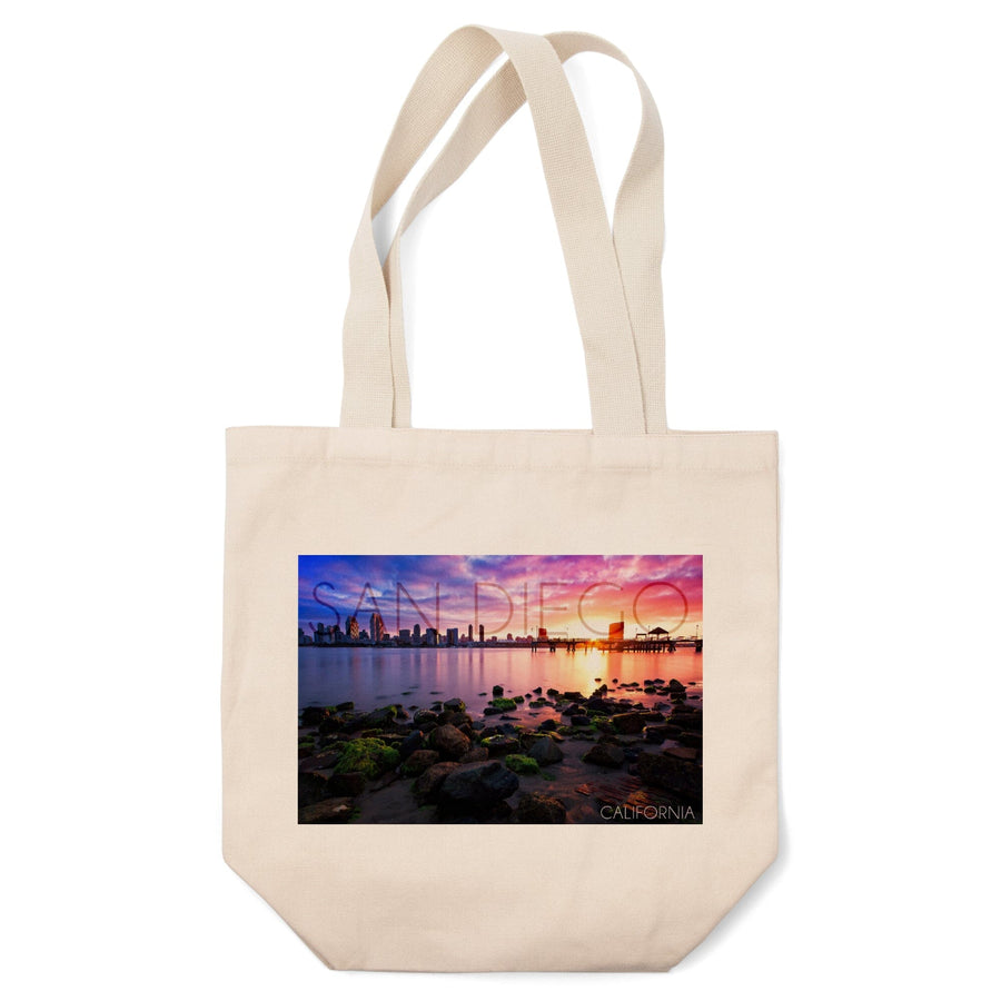 San Diego, California, Ocean & Skyline at Sunset, Lantern Press Artwork, Tote Bag Totes Lantern Press 