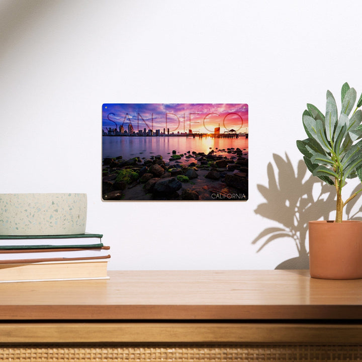 San Diego, California, Ocean & Skyline at Sunset, Lantern Press Artwork, Wood Signs and Postcards Wood Lantern Press 