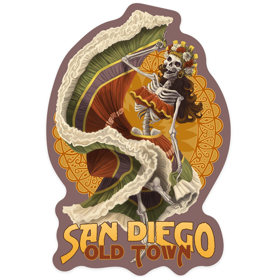 San Diego, California, Old Town, Skeleton Dancing, Contour, Lantern Press Artwork, Vinyl Sticker Sticker Lantern Press 