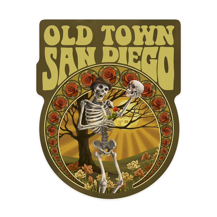 San Diego, California, Old Town, Skeleton Holding Sugar Skull, Contour, Vinyl Sticker Sticker Lantern Press 