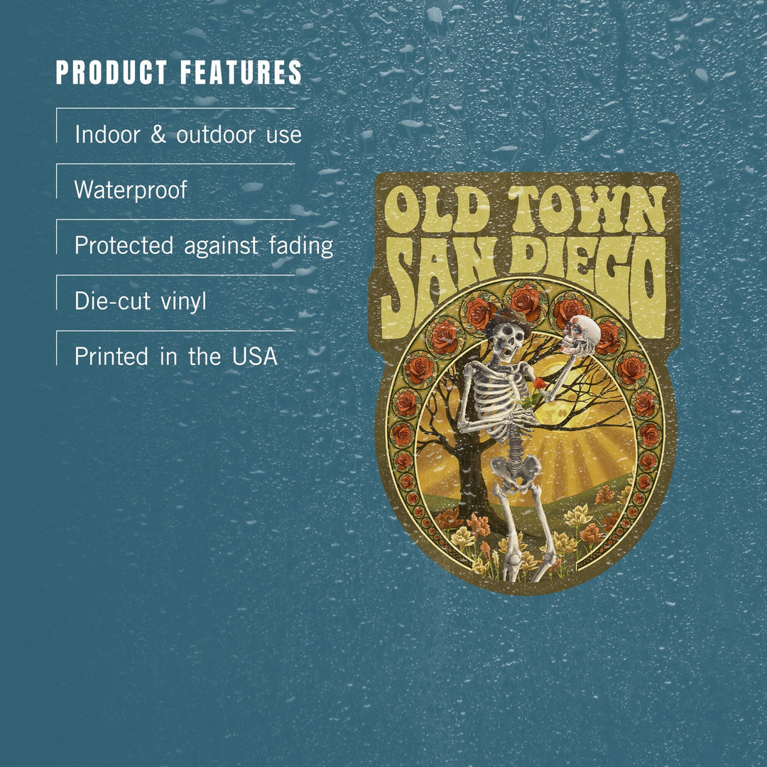 San Diego, California, Old Town, Skeleton Holding Sugar Skull, Contour, Vinyl Sticker Sticker Lantern Press 