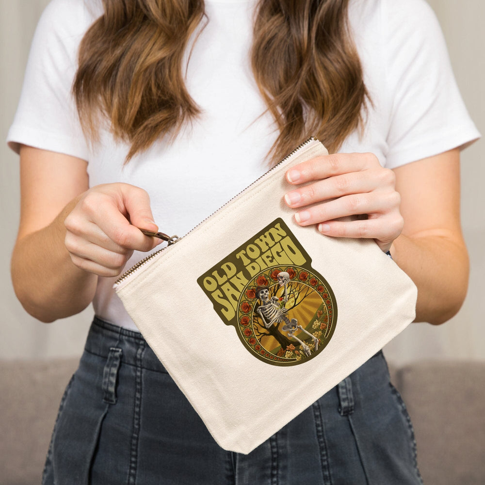 San Diego, California, Old Town, Skeleton Holding Sugar Skull,, Organic Cotton Zipper Pouch, Go Bag Go Bag Lantern Press 