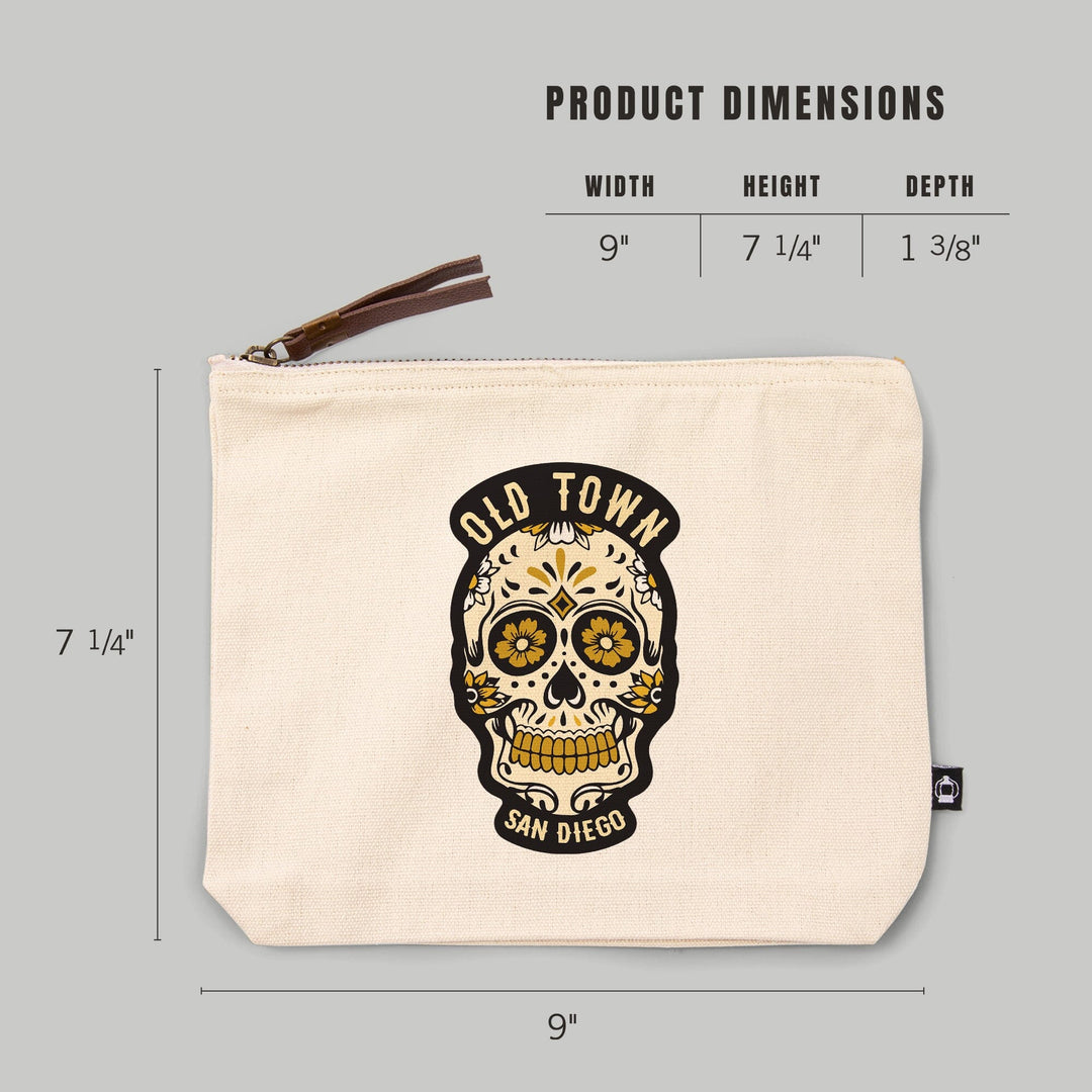 San Diego, California, Old Town, Sugar Skull and Flower Pattern (Black and Gold), Organic Cotton Zipper Pouch, Go Bag Go Bag Lantern Press 