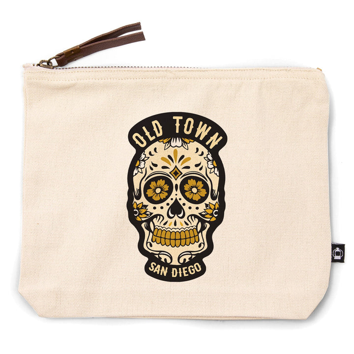 San Diego, California, Old Town, Sugar Skull and Flower Pattern (Black and Gold), Organic Cotton Zipper Pouch, Go Bag Go Bag Lantern Press 