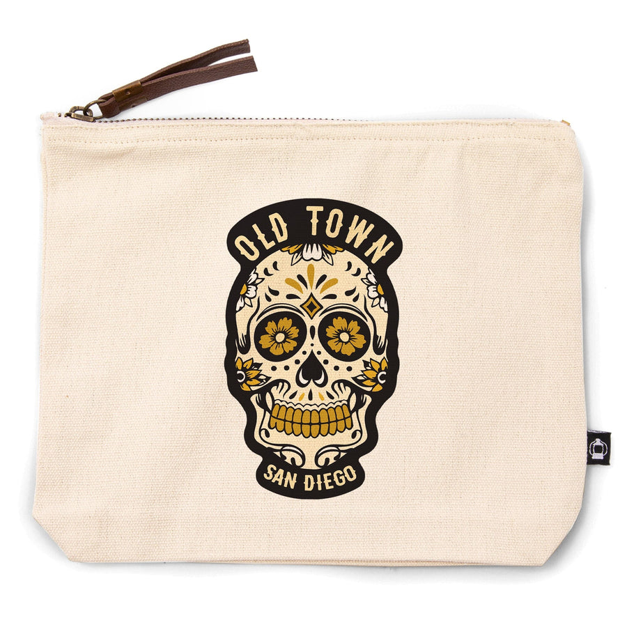 San Diego, California, Old Town, Sugar Skull and Flower Pattern (Black and Gold), Organic Cotton Zipper Pouch, Go Bag Go Bag Lantern Press 