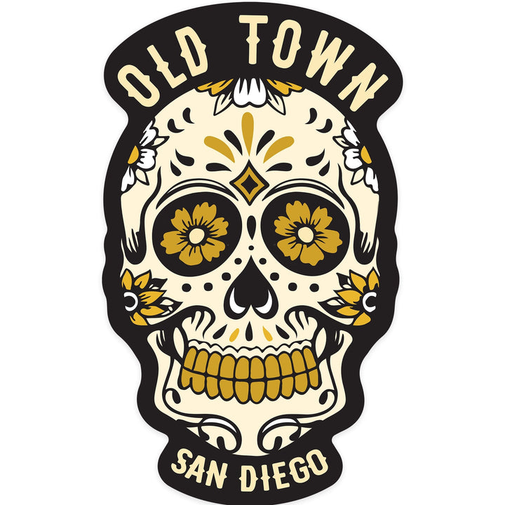 San Diego, California, Old Town, Sugar Skull & Flower Pattern (Black & Gold), Contour, Lantern Press Artwork, Vinyl Sticker Sticker Lantern Press 