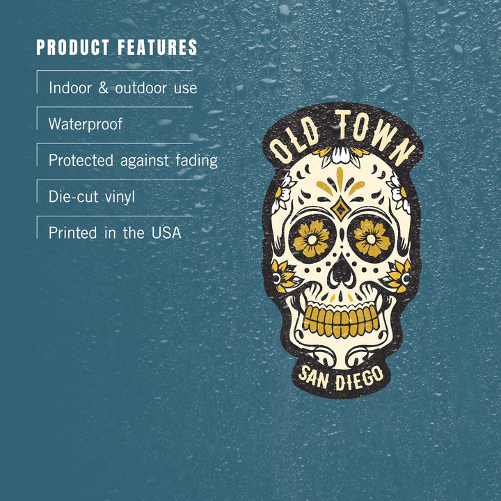 San Diego, California, Old Town, Sugar Skull & Flower Pattern (Black & Gold), Contour, Lantern Press Artwork, Vinyl Sticker Sticker Lantern Press 
