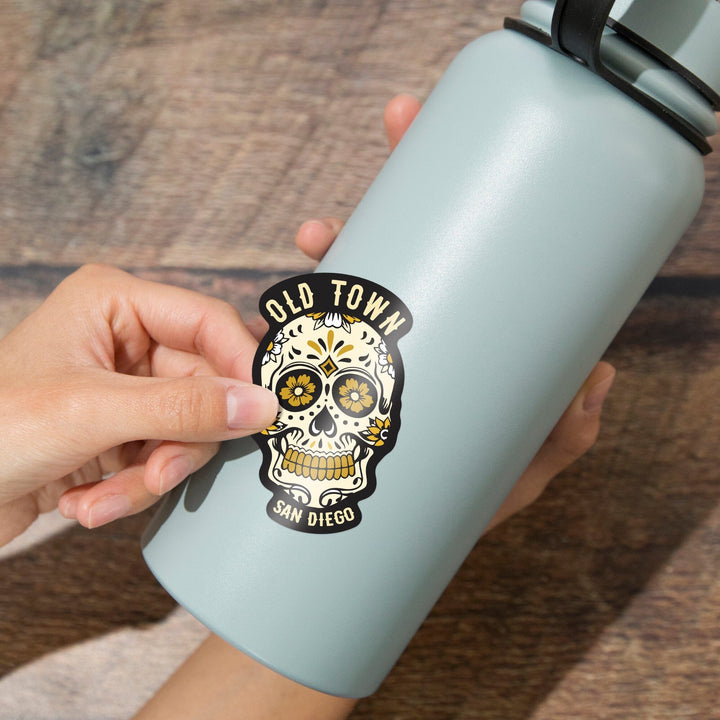 San Diego, California, Old Town, Sugar Skull & Flower Pattern (Black & Gold), Contour, Lantern Press Artwork, Vinyl Sticker Sticker Lantern Press 