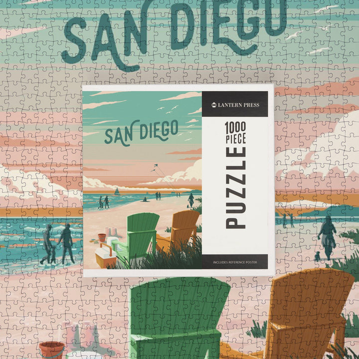 San Diego, California, Painterly, Bottle This Moment, Beach Chairs, Jigsaw Puzzle Puzzle Lantern Press 