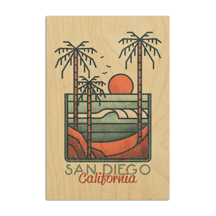 San Diego, California, Palm Trees & Beach Scene, Block Lines, Lantern Press Artwork, Wood Signs and Postcards Wood Lantern Press 10 x 15 Wood Sign 