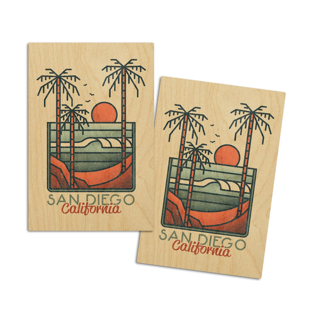San Diego, California, Palm Trees & Beach Scene, Block Lines, Lantern Press Artwork, Wood Signs and Postcards Wood Lantern Press 4x6 Wood Postcard Set 