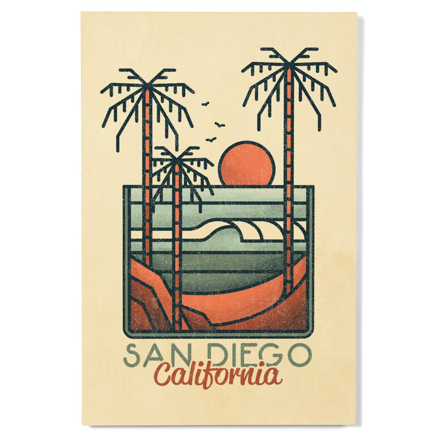 San Diego, California, Palm Trees & Beach Scene, Block Lines, Lantern Press Artwork, Wood Signs and Postcards Wood Lantern Press 