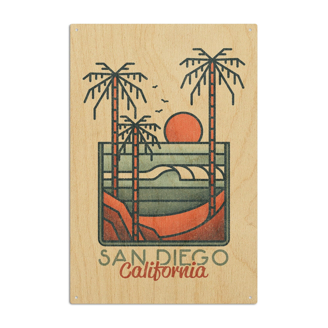 San Diego, California, Palm Trees & Beach Scene, Block Lines, Lantern Press Artwork, Wood Signs and Postcards Wood Lantern Press 6x9 Wood Sign 