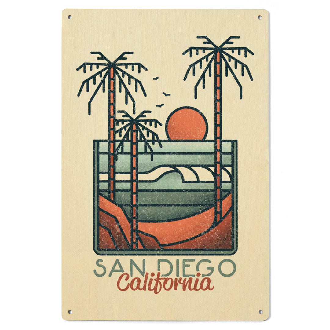 San Diego, California, Palm Trees & Beach Scene, Block Lines, Lantern Press Artwork, Wood Signs and Postcards Wood Lantern Press 