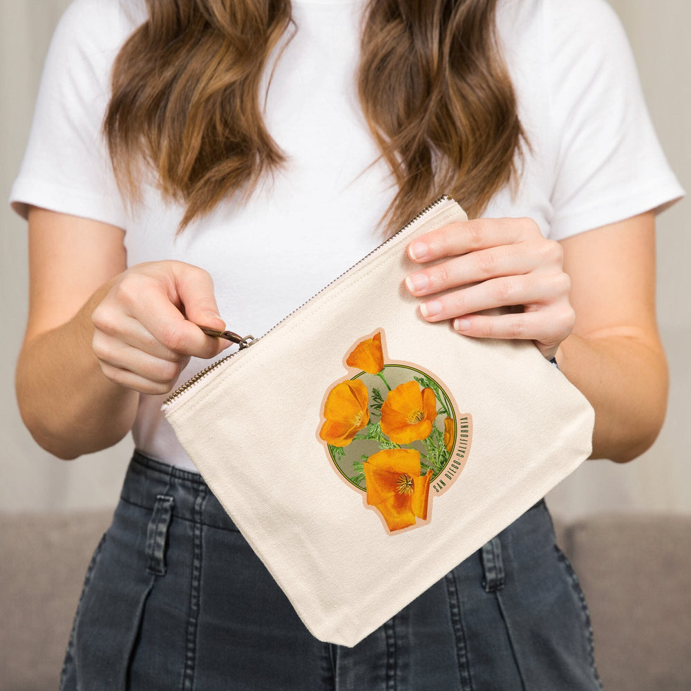 San Diego, California, Poppy Flowers,, Organic Cotton Zipper Pouch, Go Bag Go Bag Lantern Press 
