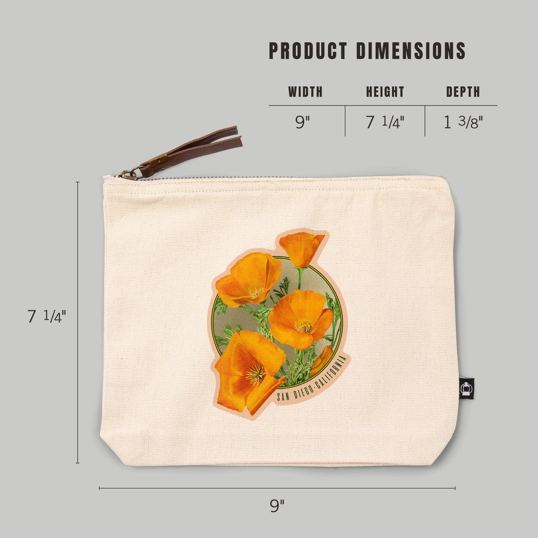 San Diego, California, Poppy Flowers,, Organic Cotton Zipper Pouch, Go Bag Go Bag Lantern Press 