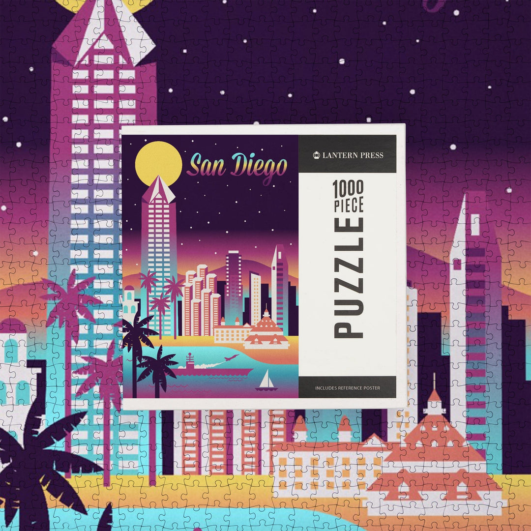 San Diego, California, Retro Skyline Chromatic Series, Jigsaw Puzzle Puzzle Lantern Press 