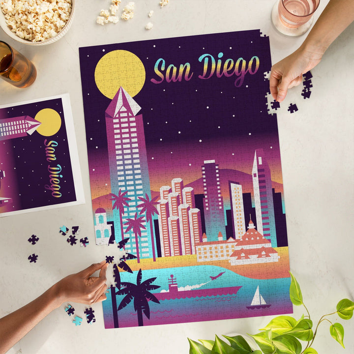 San Diego, California, Retro Skyline Chromatic Series, Jigsaw Puzzle Puzzle Lantern Press 