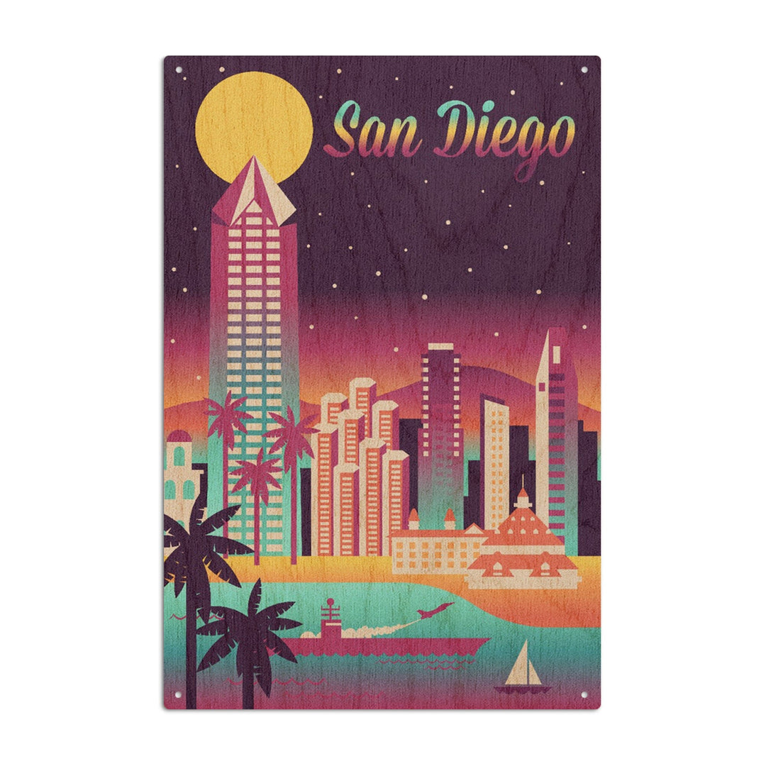 San Diego, California, Retro Skyline Chromatic Series, Lantern Press Artwork, Wood Signs and Postcards Wood Lantern Press 10 x 15 Wood Sign 