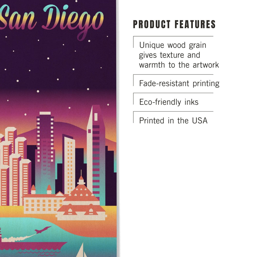 San Diego, California, Retro Skyline Chromatic Series, Lantern Press Artwork, Wood Signs and Postcards Wood Lantern Press 