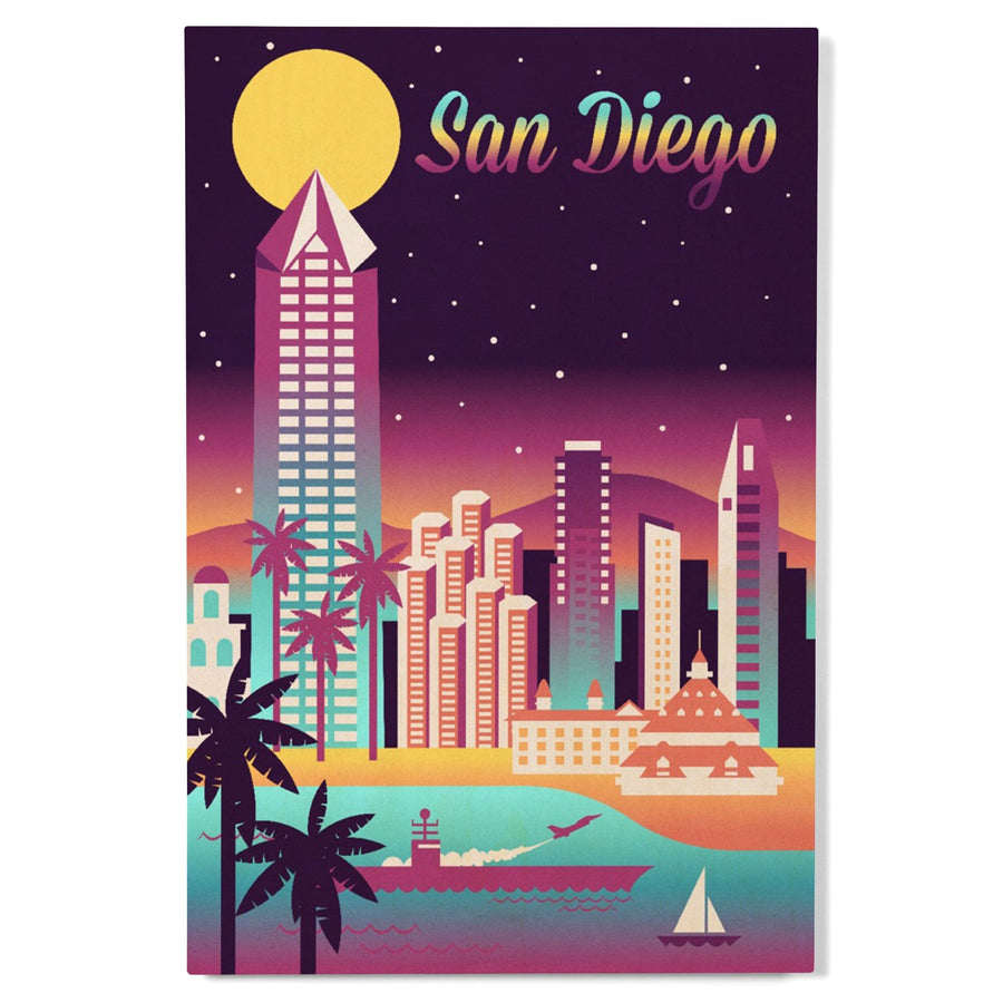 San Diego, California, Retro Skyline Chromatic Series, Lantern Press Artwork, Wood Signs and Postcards Wood Lantern Press 