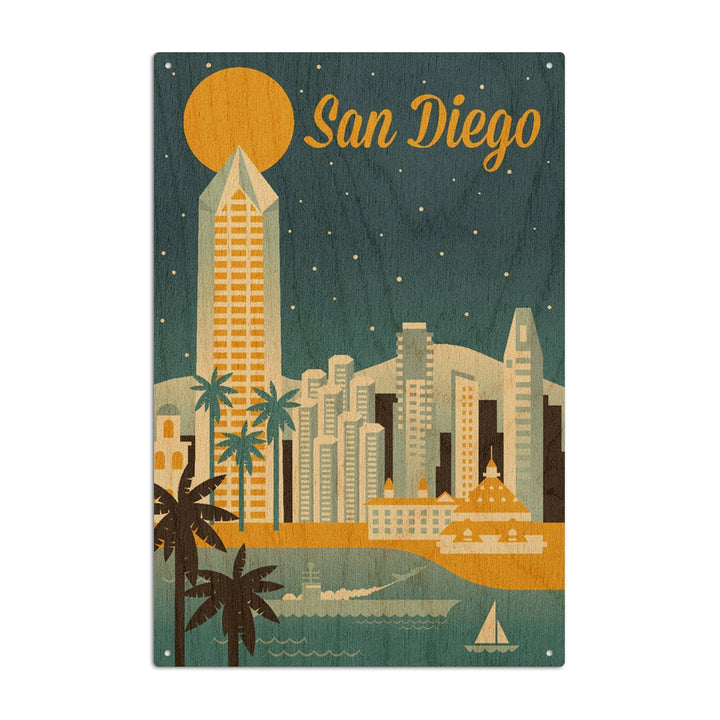 San Diego, California, Retro Skyline Series, Lantern Press Artwork, Wood Signs and Postcards Wood Lantern Press 10 x 15 Wood Sign 