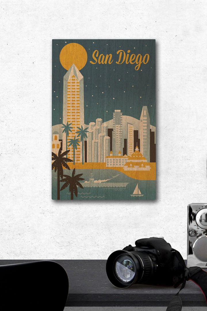 San Diego, California, Retro Skyline Series, Lantern Press Artwork, Wood Signs and Postcards Wood Lantern Press 12 x 18 Wood Gallery Print 
