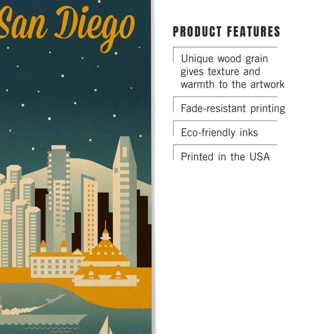 San Diego, California, Retro Skyline Series, Lantern Press Artwork, Wood Signs and Postcards Wood Lantern Press 