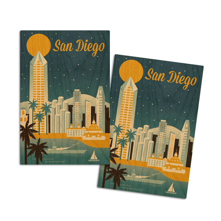 San Diego, California, Retro Skyline Series, Lantern Press Artwork, Wood Signs and Postcards Wood Lantern Press 4x6 Wood Postcard Set 