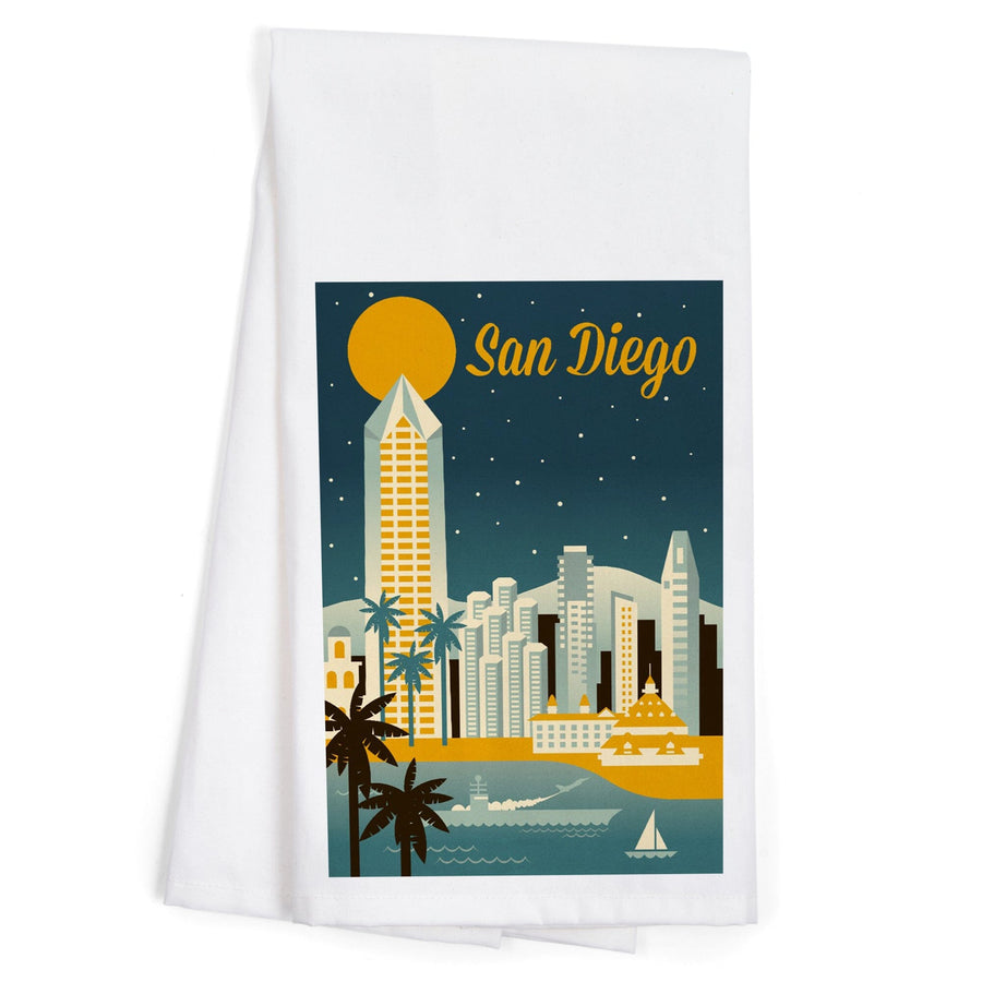 San Diego, California, Retro Skyline Series, Organic Cotton Kitchen Tea Towels Kitchen Lantern Press 