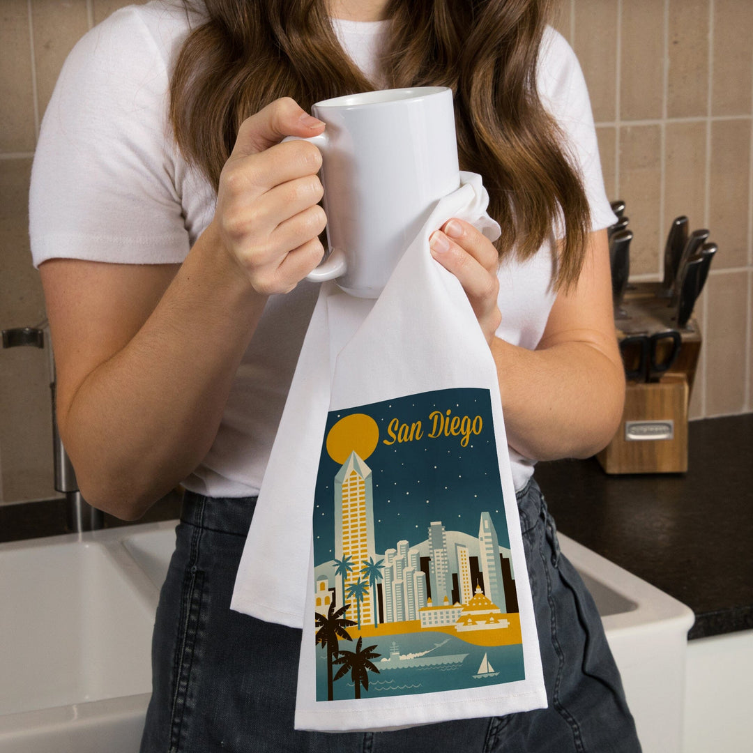 San Diego, California, Retro Skyline Series, Organic Cotton Kitchen Tea Towels Kitchen Lantern Press 
