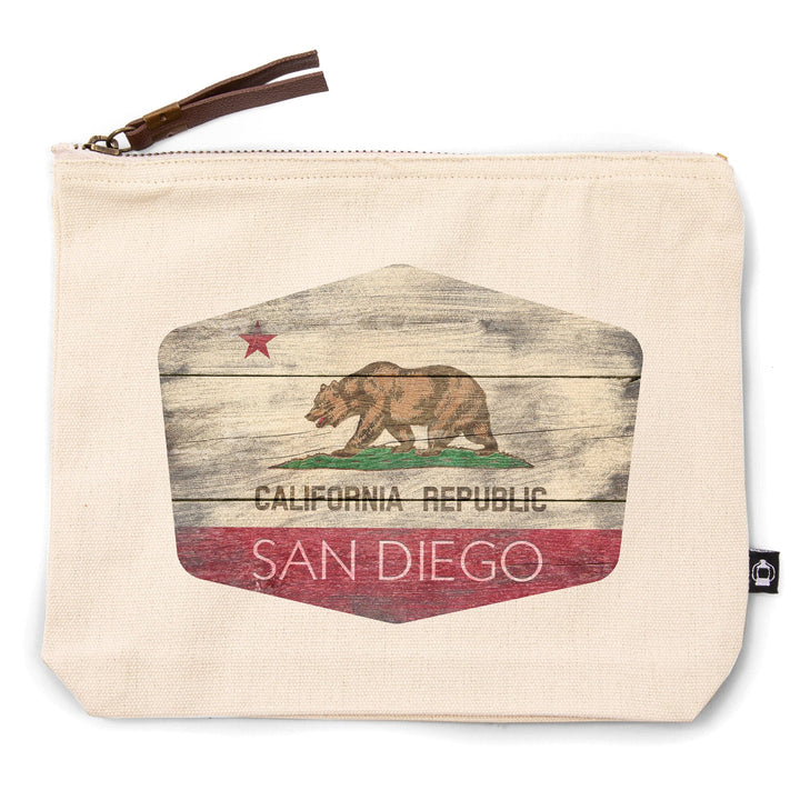 San Diego, California, Rustic California State Flag,, Organic Cotton Zipper Pouch, Go Bag Go Bag Lantern Press 
