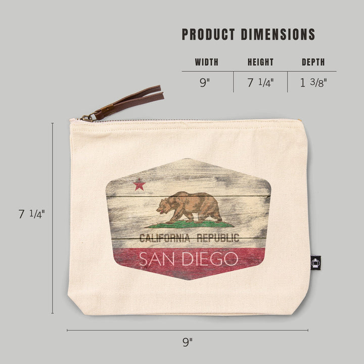 San Diego, California, Rustic California State Flag,, Organic Cotton Zipper Pouch, Go Bag Go Bag Lantern Press 