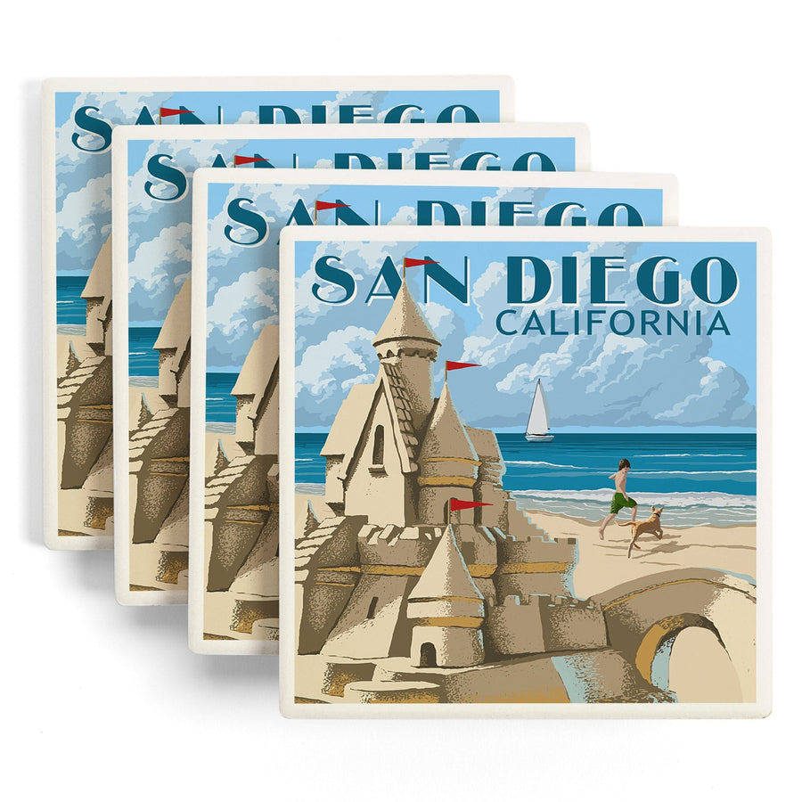 San Diego, California, Sandcastle, Lantern Press Artwork, Coaster Set Coasters Lantern Press 