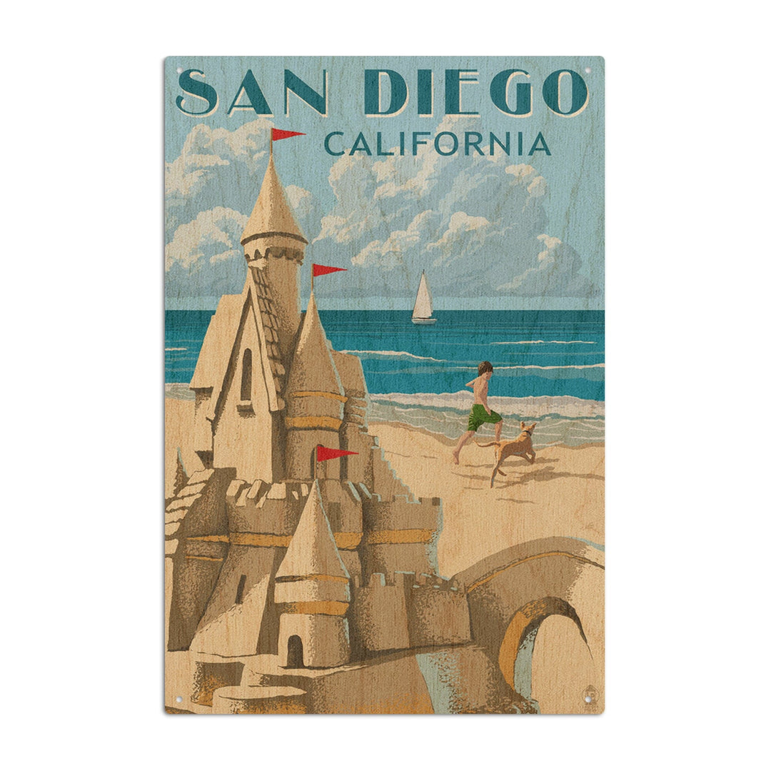 San Diego, California, Sandcastle, Lantern Press Artwork, Wood Signs and Postcards Wood Lantern Press 10 x 15 Wood Sign 