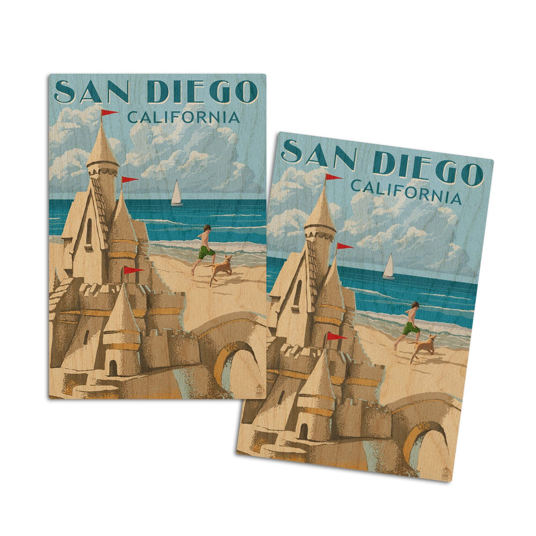 San Diego, California, Sandcastle, Lantern Press Artwork, Wood Signs and Postcards Wood Lantern Press 4x6 Wood Postcard Set 