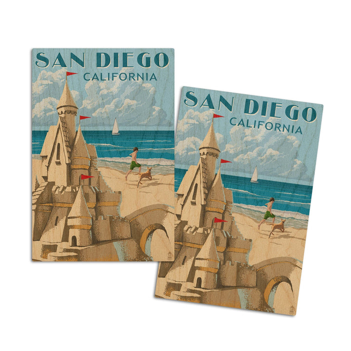 San Diego, California, Sandcastle, Lantern Press Artwork, Wood Signs and Postcards Wood Lantern Press 4x6 Wood Postcard Set 