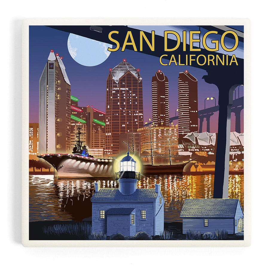 San Diego, California, Skyline at Night, Coasters Coasters Lantern Press 