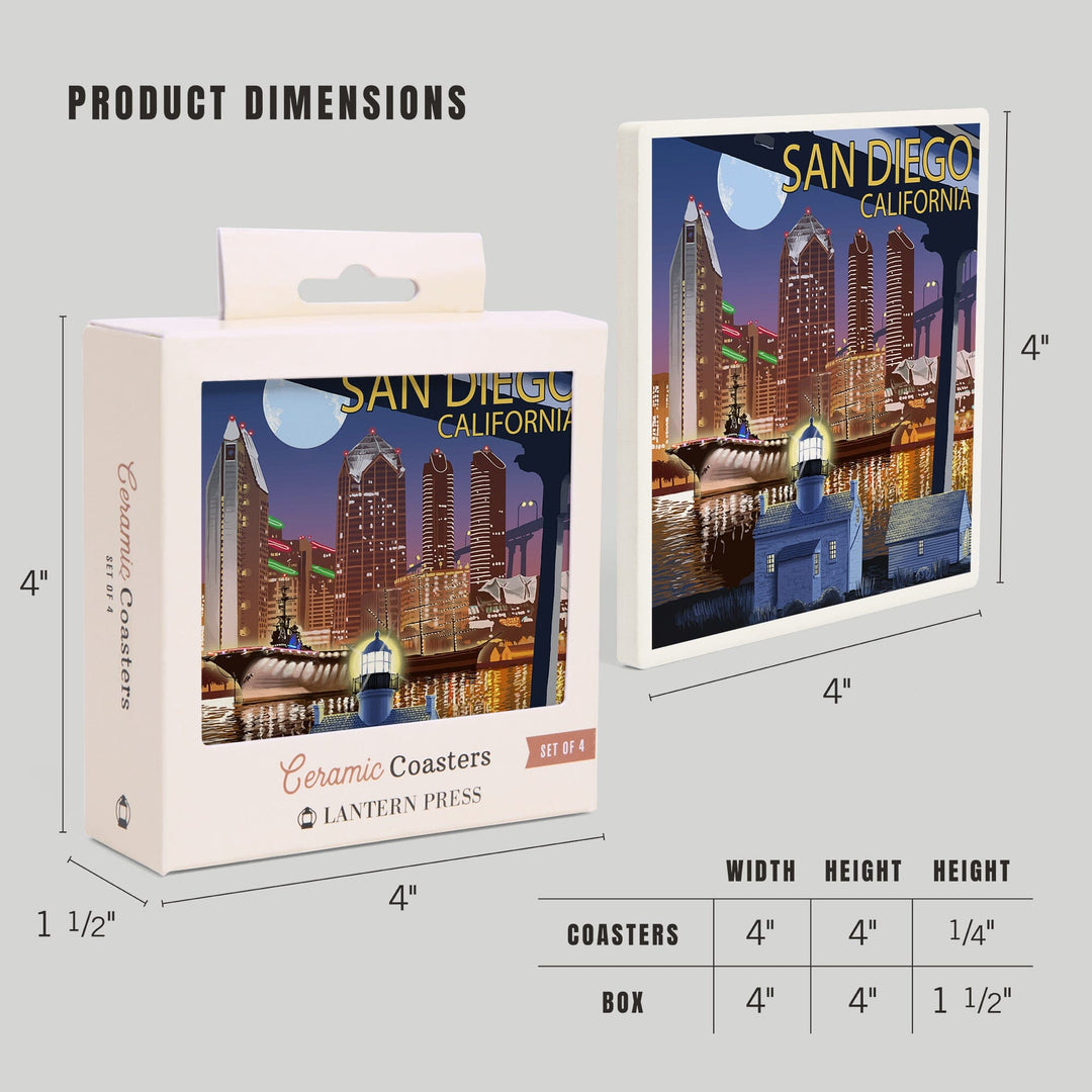 San Diego, California, Skyline at Night, Coasters Coasters Lantern Press 