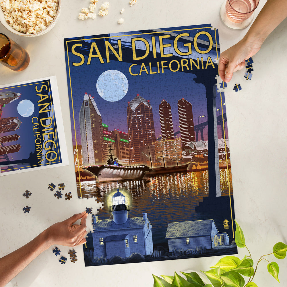 San Diego, California, Skyline at Night, Jigsaw Puzzle Puzzle Lantern Press 