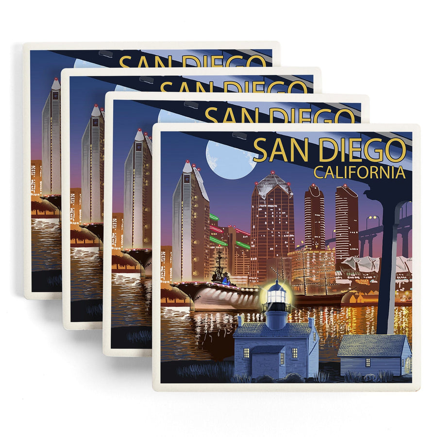 San Diego, California, Skyline at Night, Lantern Press Artwork, Coaster Set Coasters Lantern Press 