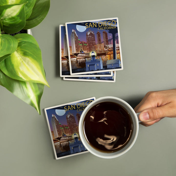 San Diego, California, Skyline at Night, Lantern Press Artwork, Coaster Set Coasters Lantern Press 