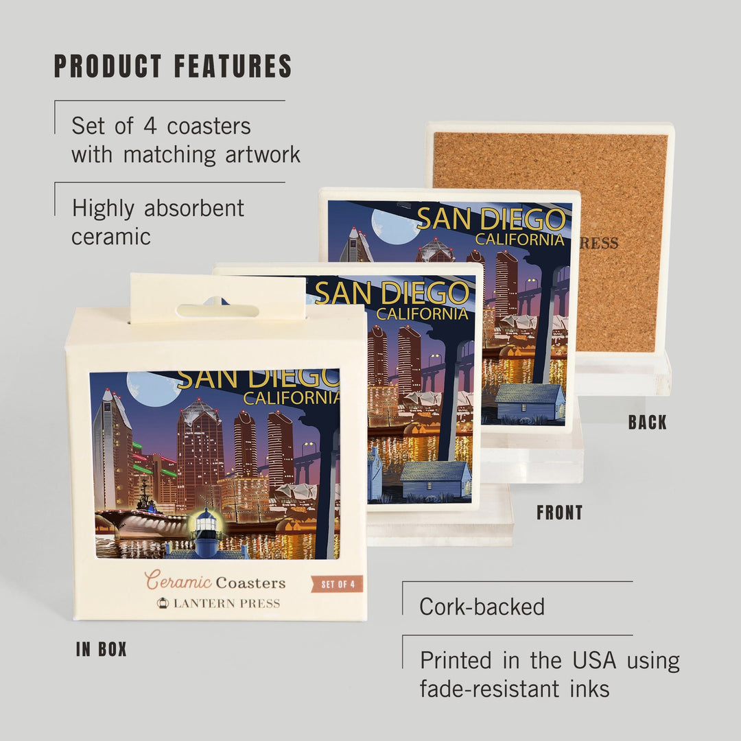 San Diego, California, Skyline at Night, Lantern Press Artwork, Coaster Set Coasters Lantern Press 