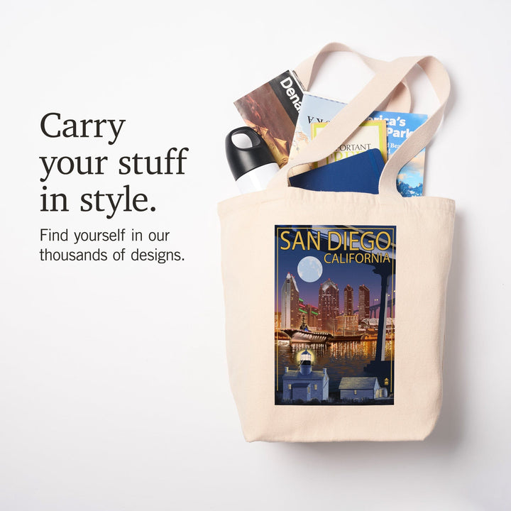 San Diego, California, Skyline at Night, Tote Bag Totes Lantern Press 