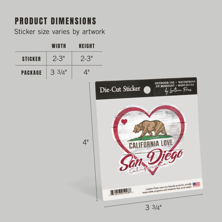 San Diego, California, State Bear with Heart, Contour, Lantern Press Artwork, Vinyl Sticker Sticker Lantern Press 
