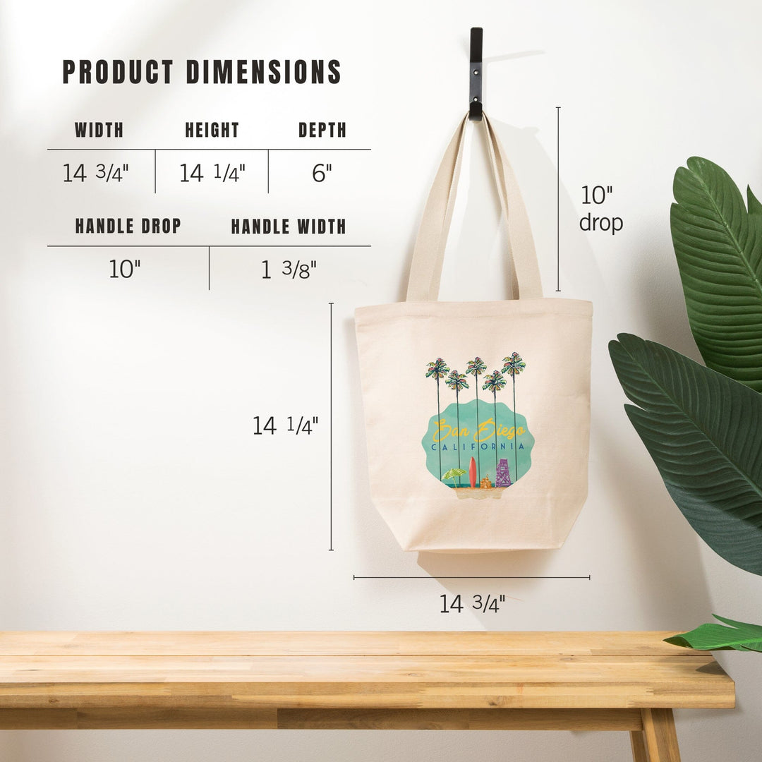 San Diego, California, Tall Palms Beach Scene, Contour, Lantern Press Artwork, Tote Bag Totes Lantern Press 