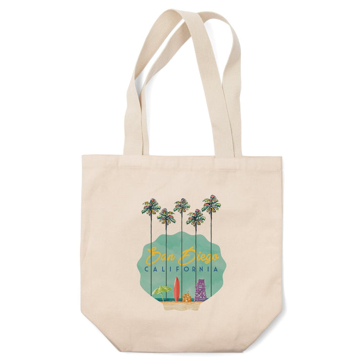 San Diego, California, Tall Palms Beach Scene, Contour, Lantern Press Artwork, Tote Bag Totes Lantern Press 