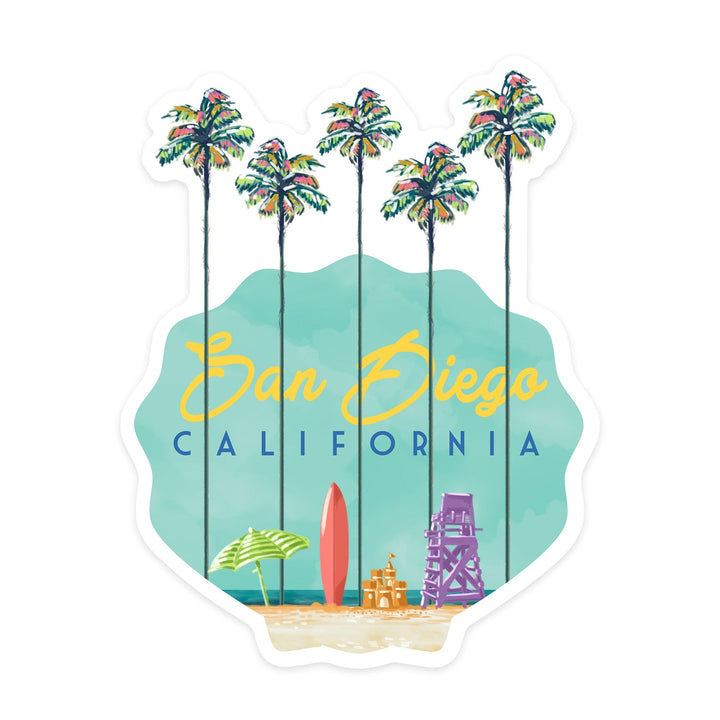 San Diego, California, Tall Palms Beach Scene, Contour, Lantern Press Artwork, Vinyl Sticker Sticker Lantern Press 